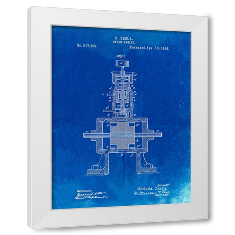 PP1096-Faded Blueprint Tesla Steam Engine Patent Poster White Modern Wood Framed Art Print by Borders, Cole