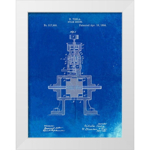 PP1096-Faded Blueprint Tesla Steam Engine Patent Poster White Modern Wood Framed Art Print by Borders, Cole