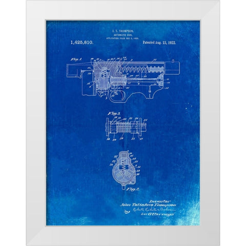 PP1099-Faded Blueprint Thompson Submachine Gun Patent Poster White Modern Wood Framed Art Print by Borders, Cole