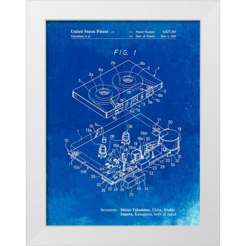 PP1104-Faded Blueprint Toshiba Cassette Tape Recorder Patent Poster White Modern Wood Framed Art Print by Borders, Cole