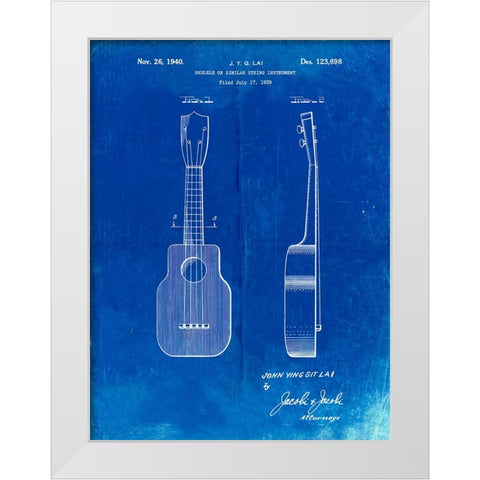 PP1117-Faded Blueprint Ukulele Patent Poster White Modern Wood Framed Art Print by Borders, Cole