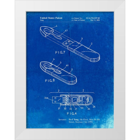 PP1120-Faded Blueprint USB Flash Drive Patent Poster White Modern Wood Framed Art Print by Borders, Cole