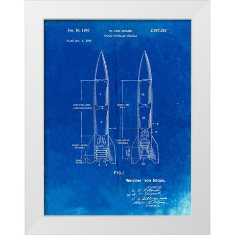 PP1129-Faded Blueprint Von Braun Rocket Missile Patent Poster White Modern Wood Framed Art Print by Borders, Cole