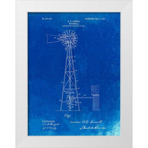 PP1137-Faded Blueprint Windmill 1906 Patent Poster White Modern Wood Framed Art Print by Borders, Cole