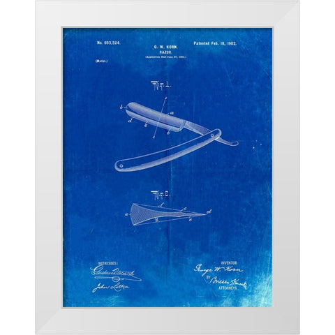 PP1178-Faded Blueprint Straight Razor Patent Poster White Modern Wood Framed Art Print by Borders, Cole