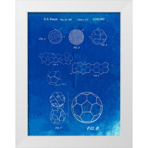 PP54-Faded Blueprint Soccer Ball 1985 Patent Poster White Modern Wood Framed Art Print by Borders, Cole