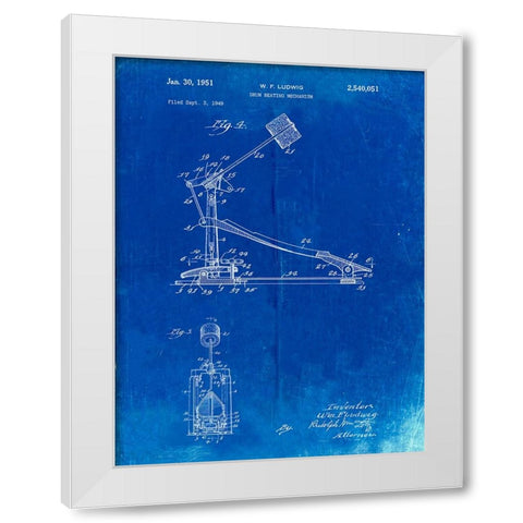 PP104-Faded Blueprint Drum Kick Pedal Poster White Modern Wood Framed Art Print by Borders, Cole