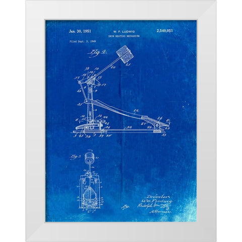 PP104-Faded Blueprint Drum Kick Pedal Poster White Modern Wood Framed Art Print by Borders, Cole