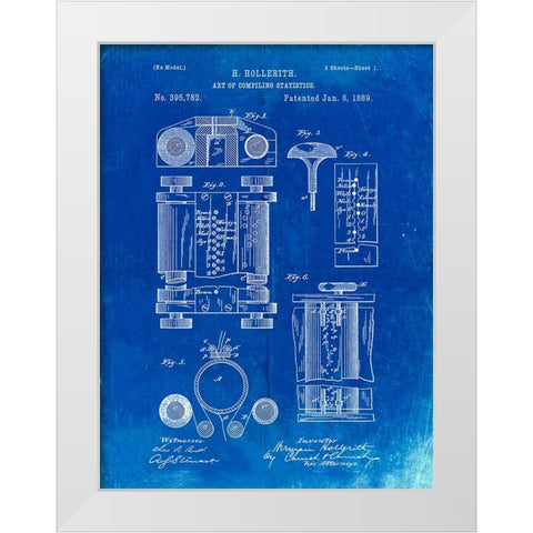 PP110-Faded Blueprint Hollerith Machine Patent Poster White Modern Wood Framed Art Print by Borders, Cole