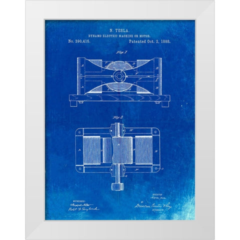 PP111-Faded Blueprint Tesla Dynamo Electric Machine Poster White Modern Wood Framed Art Print by Borders, Cole