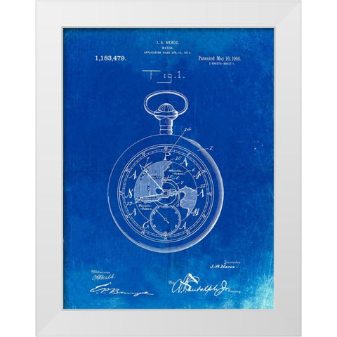 PP112-Faded Blueprint U.S. Watch Co. Pocket Watch Patent Poster White Modern Wood Framed Art Print by Borders, Cole