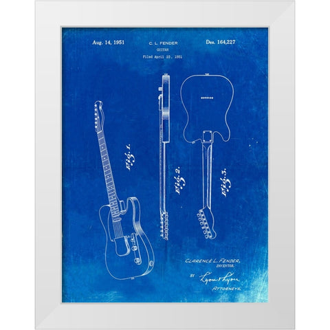 PP121- Faded Blueprint Fender Broadcaster Electric Guitar Patent Poster White Modern Wood Framed Art Print by Borders, Cole
