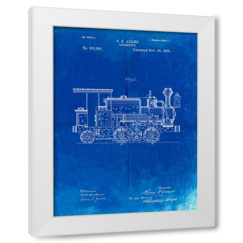 PP122- Faded Blueprint Steam Locomotive 1886 Patent Poster White Modern Wood Framed Art Print by Borders, Cole