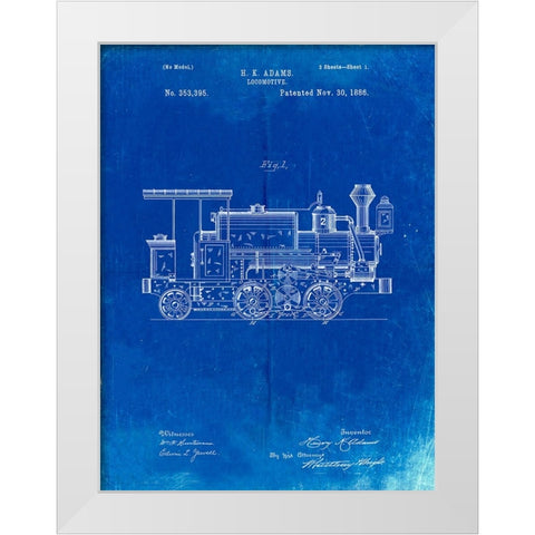 PP122- Faded Blueprint Steam Locomotive 1886 Patent Poster White Modern Wood Framed Art Print by Borders, Cole