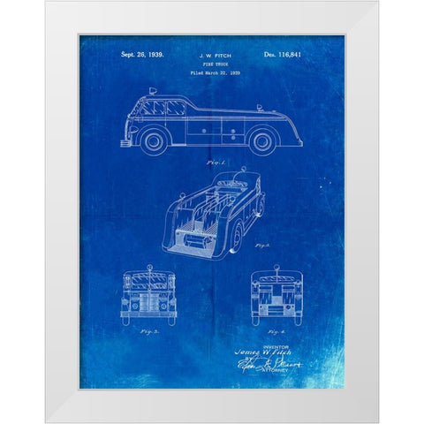 PP128- Faded Blueprint Firetruck 1939 Patent Poster White Modern Wood Framed Art Print by Borders, Cole