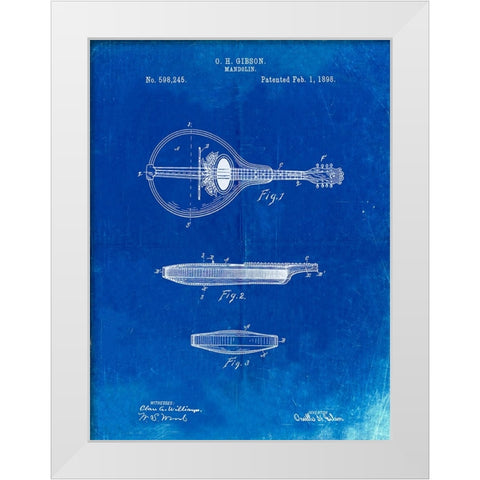 PP137- Faded Blueprint Gibson Mandolin A - Model Patent Poster White Modern Wood Framed Art Print by Borders, Cole