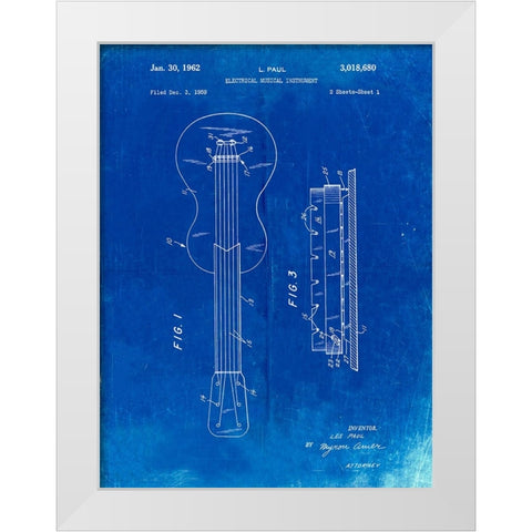 PP140- Faded Blueprint Gibson Les Paul Guitar Patent Poster White Modern Wood Framed Art Print by Borders, Cole