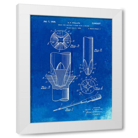 PP153- Faded Blueprint Phillips Head Screw Driver Patent Poster White Modern Wood Framed Art Print by Borders, Cole