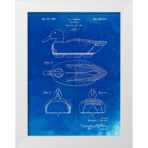 PP161- Faded Blueprint Duck Decoy Patent Poster White Modern Wood Framed Art Print by Borders, Cole