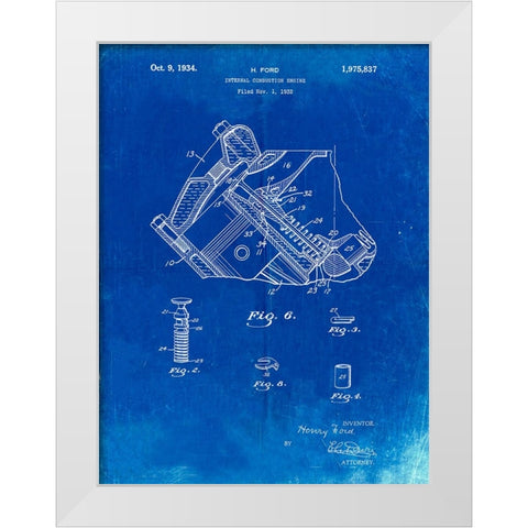 PP172- Faded Blueprint Ford V-8 Combustion Engine 1934 Patent Poster White Modern Wood Framed Art Print by Borders, Cole