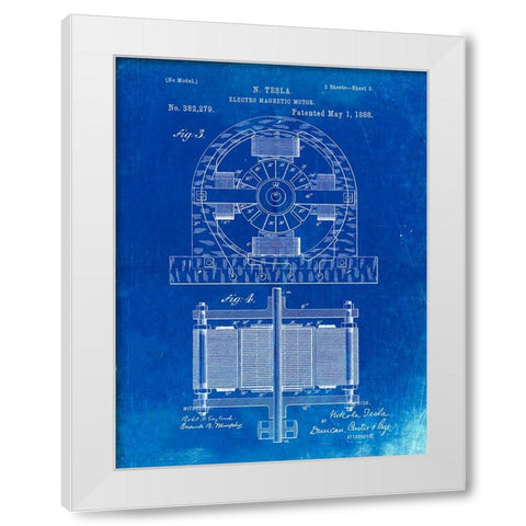PP173- Faded Blueprint Tesla Electro Motor Patent Poster White Modern Wood Framed Art Print by Borders, Cole