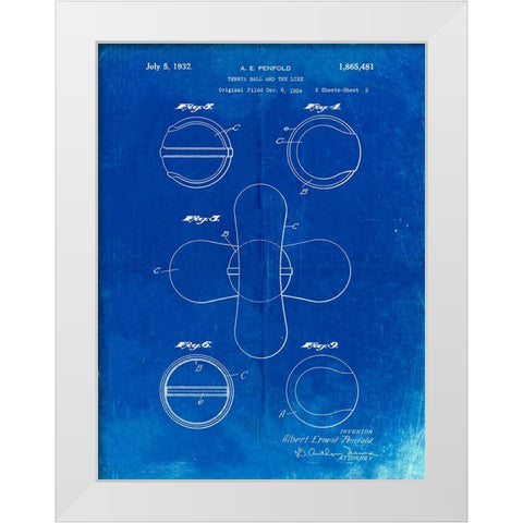 PP182- Faded Blueprint Tennis Ball 1932 Patent Poster White Modern Wood Framed Art Print by Borders, Cole