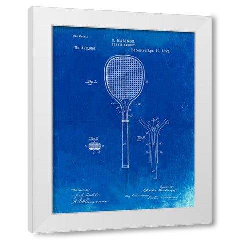 PP183- Faded Blueprint Tennis Racket 1892 Patent Poster White Modern Wood Framed Art Print by Borders, Cole