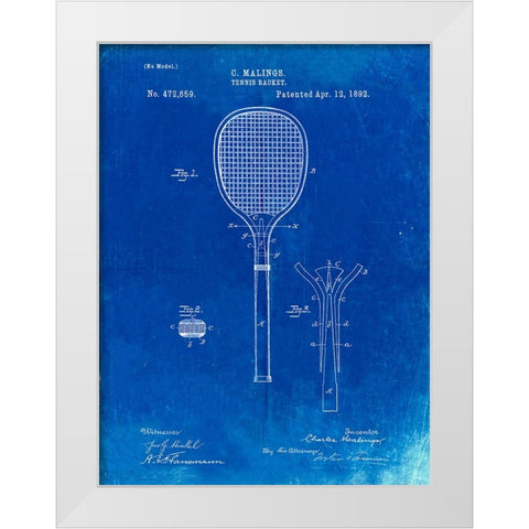 PP183- Faded Blueprint Tennis Racket 1892 Patent Poster White Modern Wood Framed Art Print by Borders, Cole