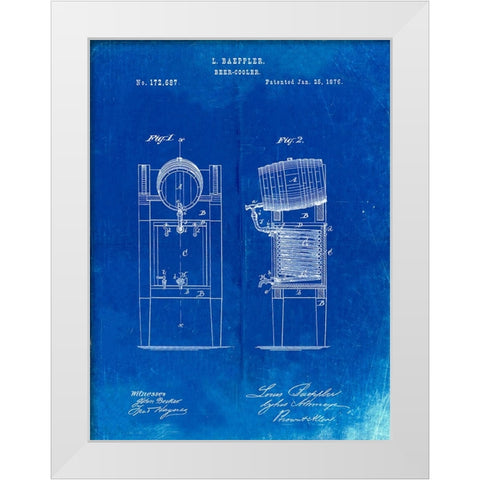 PP186- Faded Blueprint Beer Keg Cooler 1876 Patent Poster White Modern Wood Framed Art Print by Borders, Cole