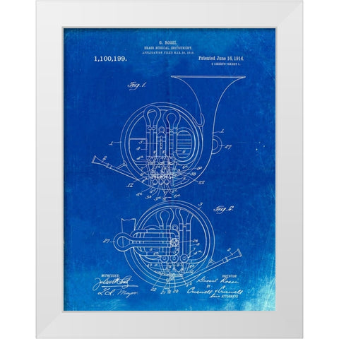 PP188- Faded Blueprint French Horn 1914 Patent Poster White Modern Wood Framed Art Print by Borders, Cole
