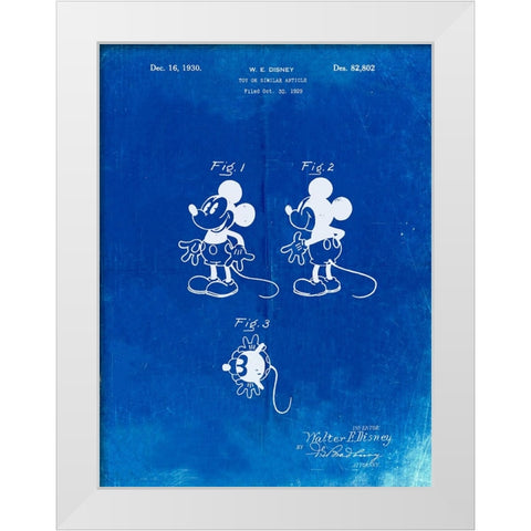 PP191- Faded Blueprint Mickey Mouse 1929 Patent Poster White Modern Wood Framed Art Print by Borders, Cole