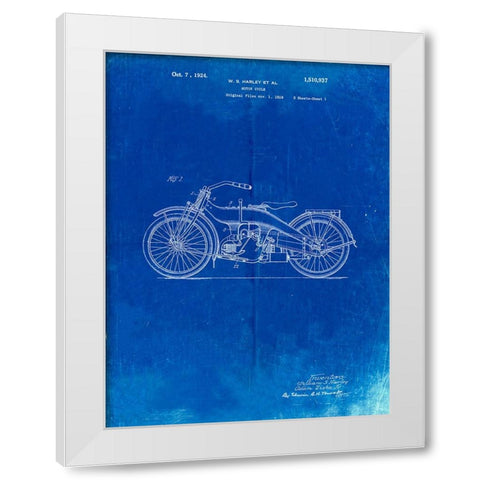PP194- Faded Blueprint Harley Davidson Motorcycle 1919 Patent Poster White Modern Wood Framed Art Print by Borders, Cole