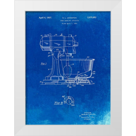 PP197- Faded Blueprint KitchenAid Kitchen Mixer Patent Poster White Modern Wood Framed Art Print by Borders, Cole