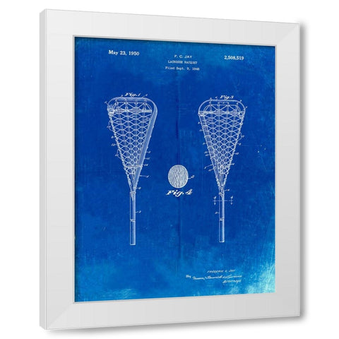 PP199- Faded Blueprint Lacrosse Stick 1948 Patent Poster White Modern Wood Framed Art Print by Borders, Cole
