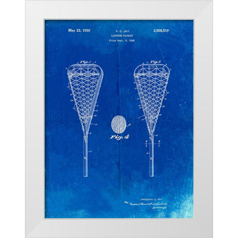 PP199- Faded Blueprint Lacrosse Stick 1948 Patent Poster White Modern Wood Framed Art Print by Borders, Cole