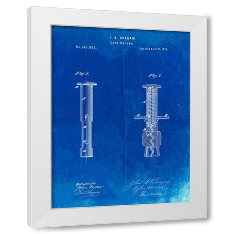 PP203- Faded Blueprint Corkscrew 1874 Patent Poster White Modern Wood Framed Art Print by Borders, Cole