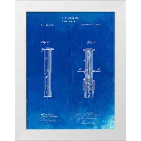 PP203- Faded Blueprint Corkscrew 1874 Patent Poster White Modern Wood Framed Art Print by Borders, Cole