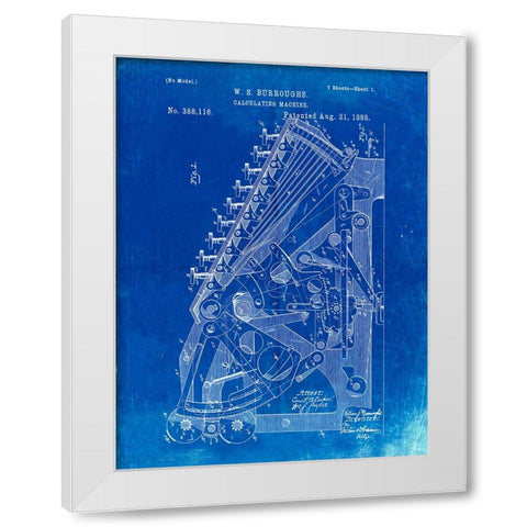 PP226-Faded Blueprint Burroughs Adding Machine Patent Poster White Modern Wood Framed Art Print by Borders, Cole