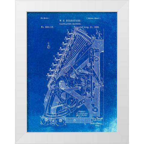 PP226-Faded Blueprint Burroughs Adding Machine Patent Poster White Modern Wood Framed Art Print by Borders, Cole