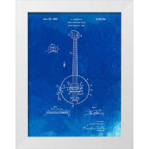 PP242-Faded Blueprint Modern Banjo Patent Poster White Modern Wood Framed Art Print by Borders, Cole