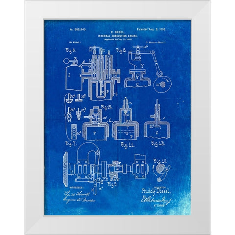 PP257-Faded Blueprint Diesel Engine 1898 Patent Poster White Modern Wood Framed Art Print by Borders, Cole