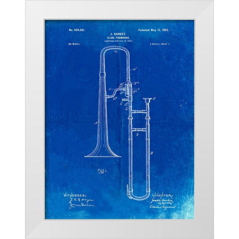 PP261-Faded Blueprint Slide Trombone Patent Poster White Modern Wood Framed Art Print by Borders, Cole