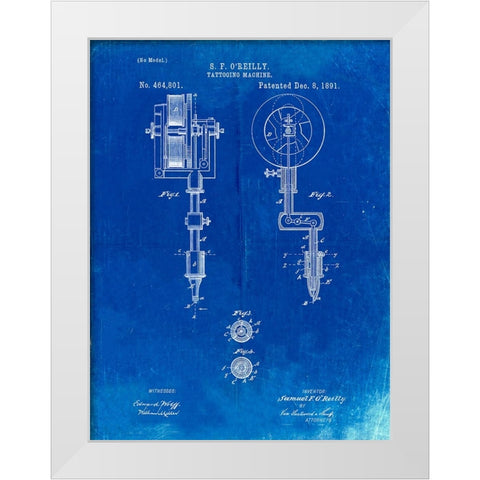 PP308-Faded Blueprint Tattooing Machine Patent Poster White Modern Wood Framed Art Print by Borders, Cole