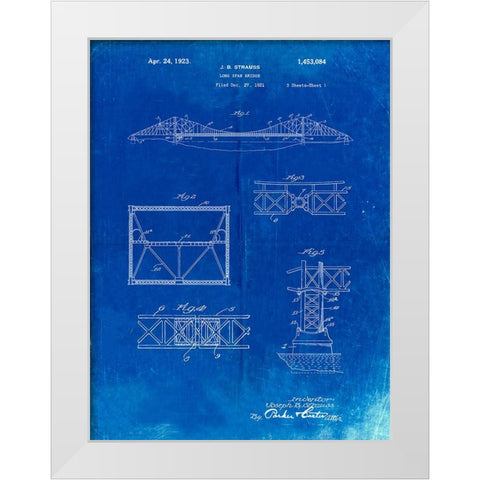 PP350-Faded Blueprint Golden Gate Bridge Patent Poster White Modern Wood Framed Art Print by Borders, Cole