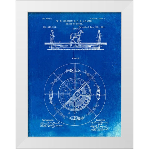 PP351-Faded Blueprint Carousel 1891 Patent Poster White Modern Wood Framed Art Print by Borders, Cole