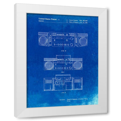 PP448-Faded Blueprint Hitachi Boom Box Patent Poster White Modern Wood Framed Art Print by Borders, Cole
