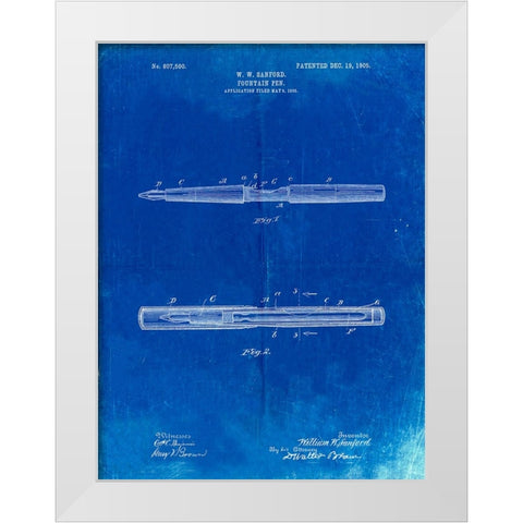 PP494-Faded Blueprint Sanford Fountain Pen 1905 Patent Poster White Modern Wood Framed Art Print by Borders, Cole