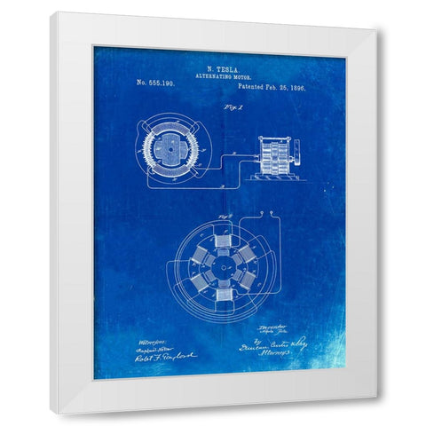 PP505-Faded Blueprint Tesla Alternating Motor Patent Poster White Modern Wood Framed Art Print by Borders, Cole