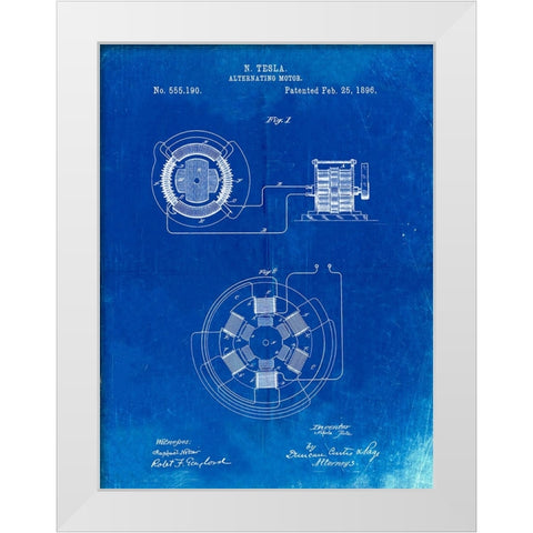 PP505-Faded Blueprint Tesla Alternating Motor Patent Poster White Modern Wood Framed Art Print by Borders, Cole