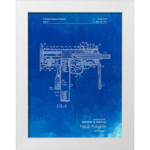 PP584-Faded Blueprint Mac-10 Uzi Patent Poster White Modern Wood Framed Art Print by Borders, Cole
